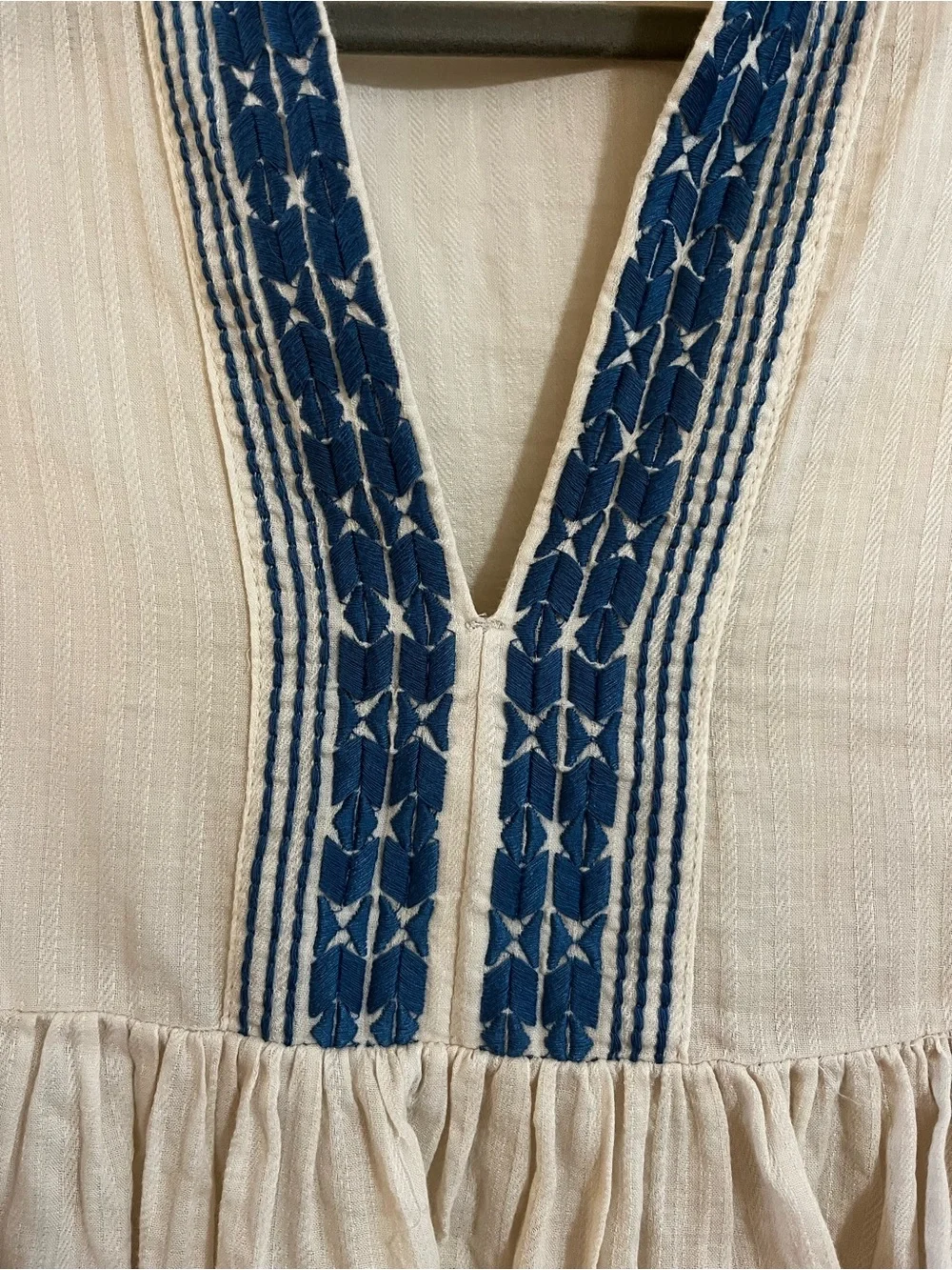 Banana Republic Cream Peasant Blouse with Navy Embroidery